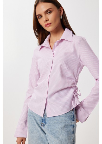 Yan Büzgülü Çizgili Dokuma Gömlek LDZ0053 Pembe Beyaz fiyatları