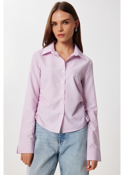 Yan Büzgülü Çizgili Dokuma Gömlek LDZ0053 Pembe Beyaz modelleri