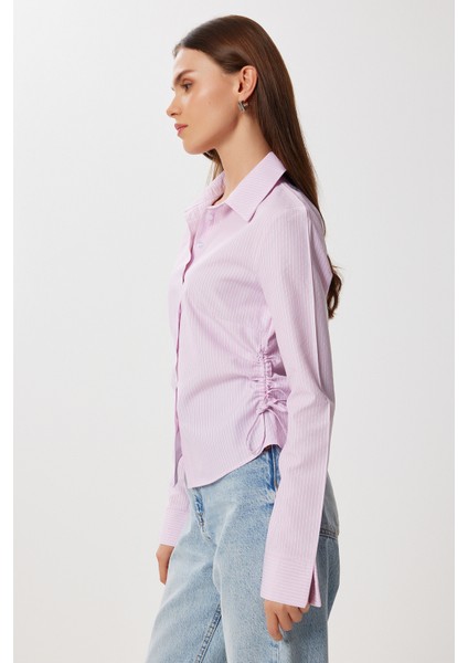 Yan Büzgülü Çizgili Dokuma Gömlek LDZ0053 Pembe Beyaz fırsatları