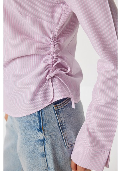 Yan Büzgülü Çizgili Dokuma Gömlek LDZ0053 Pembe Beyaz indirimleri