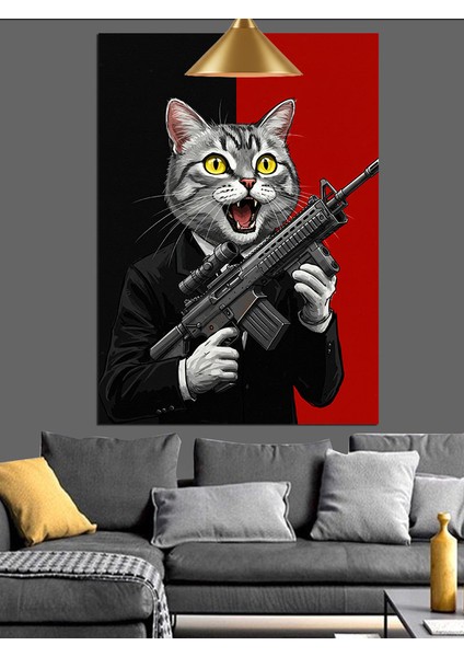 Tüfek Tutan Kedi Karikatürü Dekoratif Kanvas - Mdf Ahşap Tablo