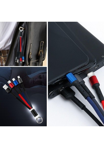 Işıklı Anahtarlık Model 3 In 1 USB Çıkışlı Mikro,type-C ve Iphone Uyumlu Şarj Kablosu (4989)