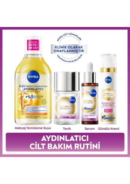 Aydınlatıcı Leke Karşıtı Cilt Bakım Rutin Seti, +SPF50 Güneş Koruyucu, Nemlendirici Gündüz Yüz Kremi, Hyaluronik Asit, Eşit Cilt Tonu