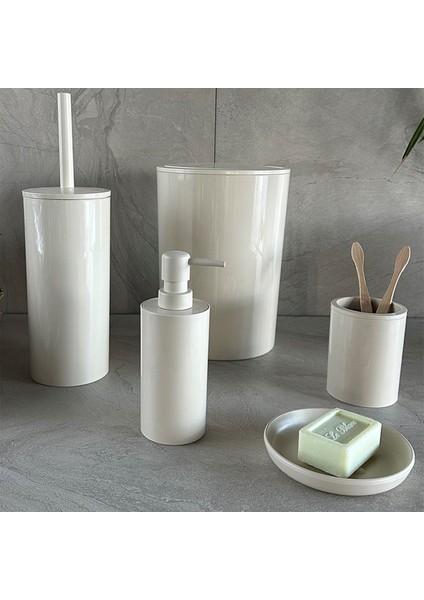 5 Parça Bej Plastik Kapaklı Banyo Seti Modern Minimalist Tasarım Kolay Temizlik