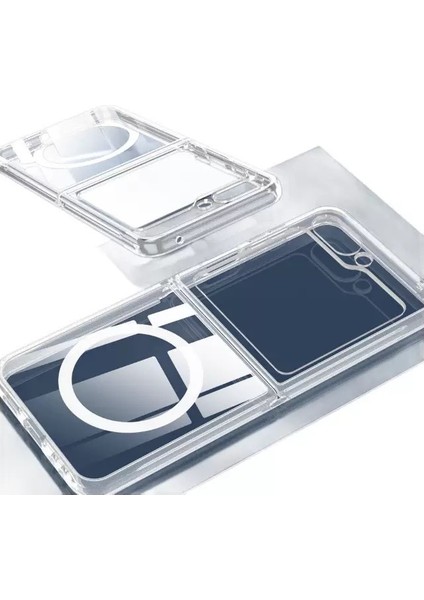 Galaxy Z Flip 7 Kılıf M-Safe Şarj Özellikli Şeffaf Sert Pc Zore Embos Kapak - Şeffaf