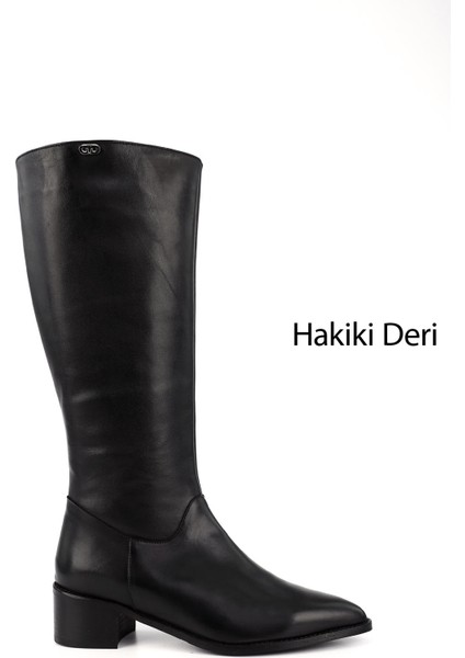 Kadın Siyah Sivri Burun Kalın Topuklu Hakiki Deri Çizme
