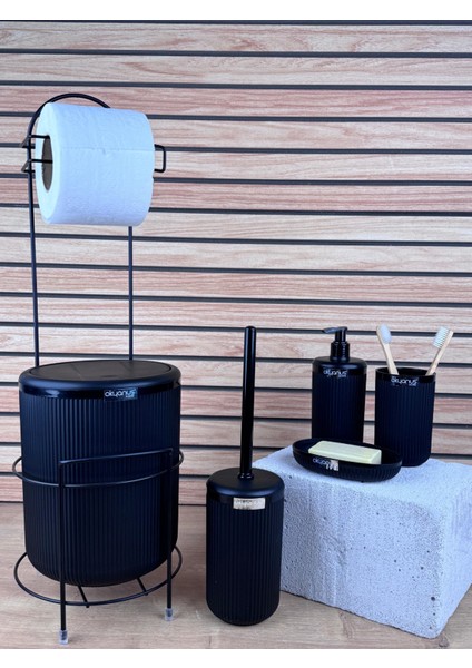 Siyah Linea Standlı Wc Kağıtlık ve 6 Parça Banyo Seti