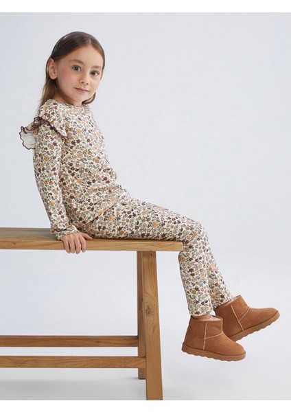 Lcw Kids Bej Beli Lastikli Çiçekli Kız Çocuk Tayt