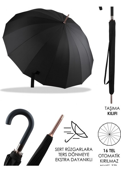 16 Telli Fiberglass Kırılmaz Rüzgar Korumalı Lüx Premium Şemsiye Kılıflı Şemsiye 100 cm Çaplı fırsatları