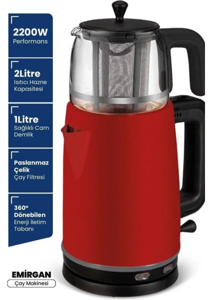 Kırmızı 2200W Paslanmaz Çay ve Su Isıtıcı, Geniş Hazne