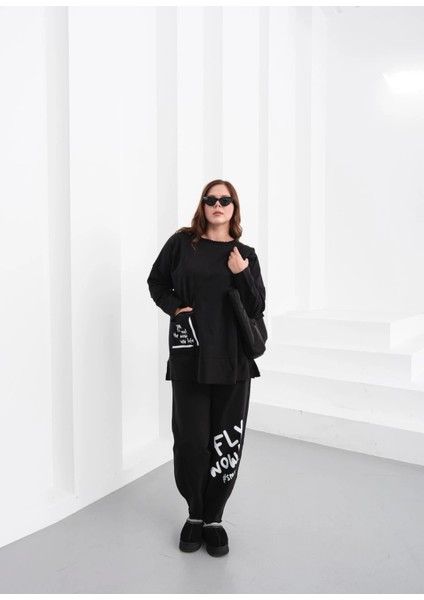Oversize Siyah Eşofman Takımı - Fly Wow! Yazılı (38-46 Beden Uyumlu) fırsatları