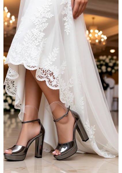 Kadın Moda Şık Platin Ayna Topuklu Zarif Tasarım Yüksek Topuk Düğün Nişan Gece Abiye Ayakkabı