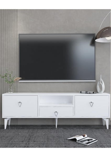 1302DROPCT-1 Tv Sehpası Beyaz-Gümüş Kulp