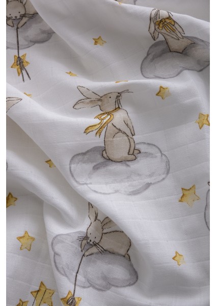 %100 Pamuk Premium & Hafif Müslin Bezi Örtüsü I 120x120 cm I Bej I Tavşan Desenli & 4 Adet Ağız Mendili 27x27cm fırsatları