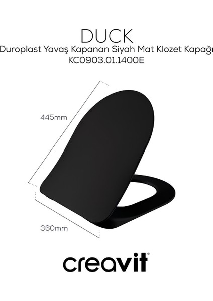 Free Mat Siyah Kanallı Asma Klozet FE320, Creavit Duck Duroplast Yavaş Kapak