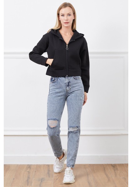 Siyah Fermuarlı Sweatshirt