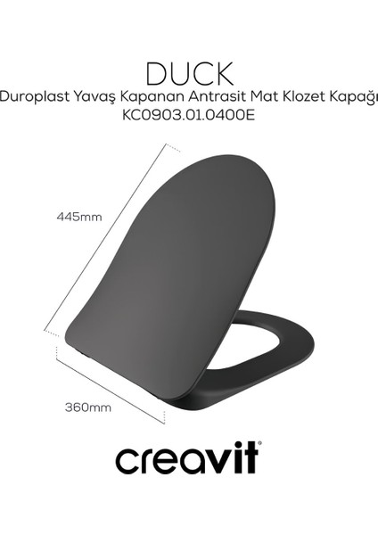 Free Mat Antrasit Kanallı Asma Klozet FE320, Creavit Duck Duroplast Yavaş Kapak