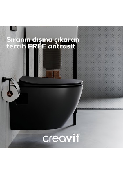 Free Mat Antrasit Kanallı Asma Klozet FE320, Creavit Duck Duroplast Yavaş Kapak