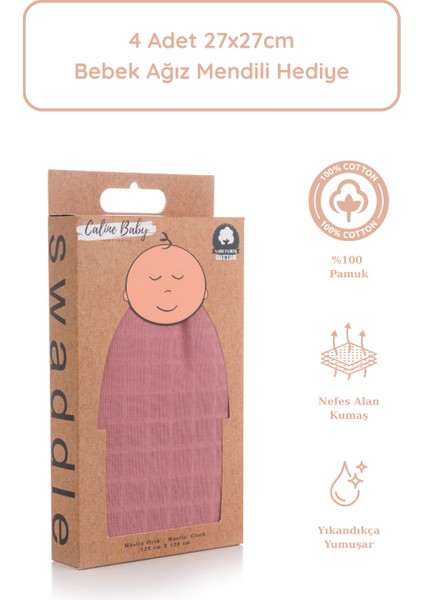 %100 Pamuk Premium & Hafif Müslin Bezi Örtüsü I 120x120 cm I Gülkurusu & 4 Adet Ağız Mendili 27x27cm