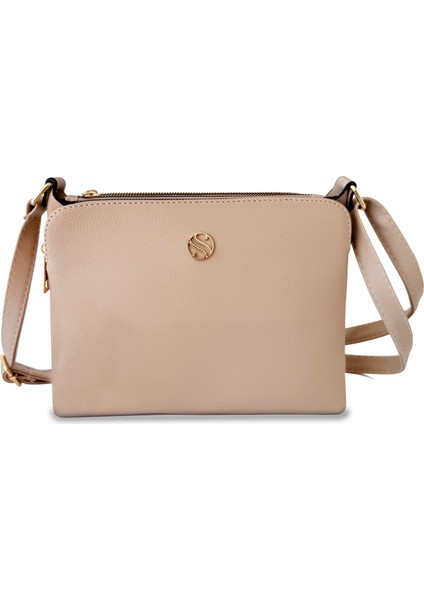 Kadın Suni Deri Ayarlanabilir Çapraz Askılı 4 Bölmeli ve Metal Fermuarlı Omuz Çantası Nude