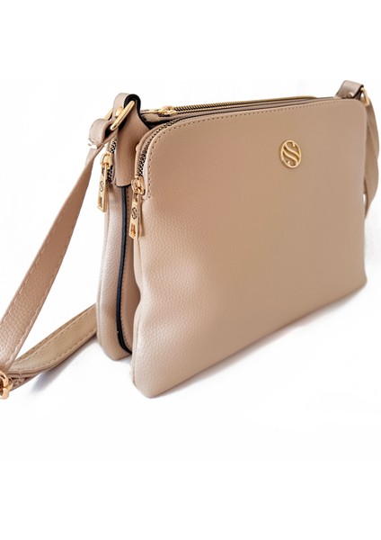 Kadın Suni Deri Ayarlanabilir Çapraz Askılı 4 Bölmeli ve Metal Fermuarlı Omuz Çantası Nude fiyatları