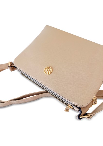 Kadın Suni Deri Ayarlanabilir Çapraz Askılı 4 Bölmeli ve Metal Fermuarlı Omuz Çantası Nude modelleri