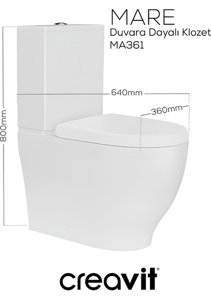 Mare Beyaz Kanalsız Duvara Sıfır Klozet Takımı MA361, Creavit Mare Duroplast Yavaş Kapak