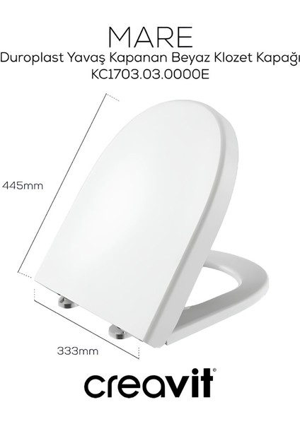Mare Beyaz Kanalsız Duvara Sıfır Klozet Takımı MA361, Creavit Mare Duroplast Yavaş Kapak
