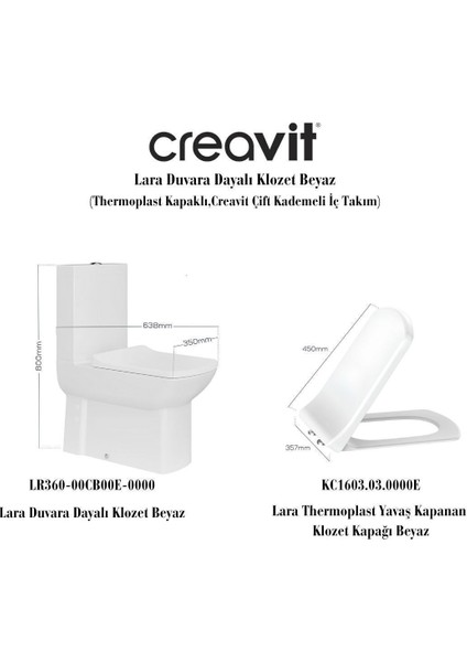Lara Beyaz Kanallı Duvara Sıfır Klozet Takım LR360, Creavit Lara Yavaş Kapak