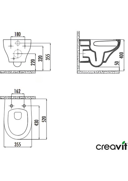 Ness Vortex Beyaz Asma Klozet NS323, Creavit Ness Duroplast Yavaş Kapak KC3403.01