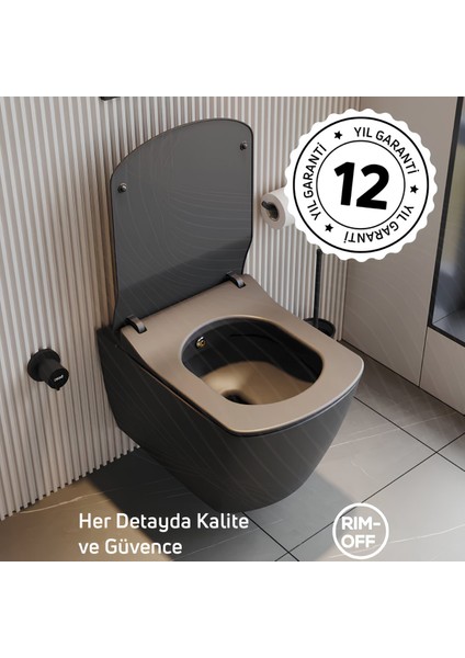 Elegant Mat Antrasit Kanalsız Asma Klozet EG321, Creavit Elegant Duroplast Yavaş Kapak