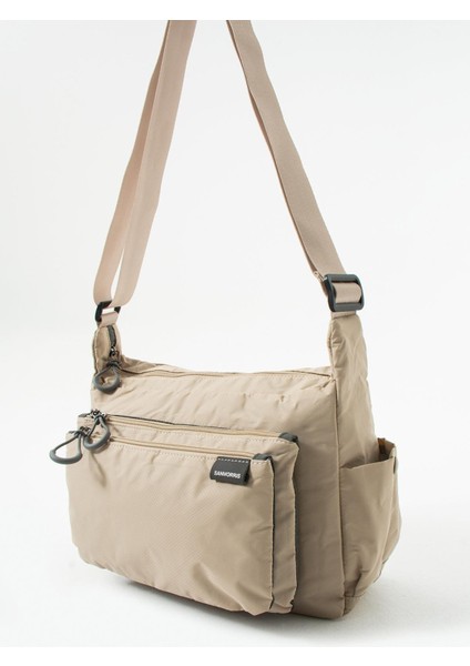 Kadın Suya Dayanıklı Paraşüt Kumaş 4 Gözlü Çapraz Askılı Siyah Oval El ve Omuz Çantası Krem