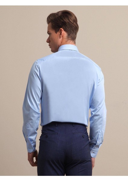 Açık Mavi Düz Regular Fit Dokuma Klasik %100 Pamuk Gömlek