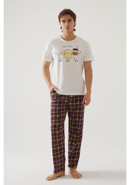 Erkek Kısa Kollu Pamuklu Ekose Desenli Breakfast Baskılı Pijama Takımı