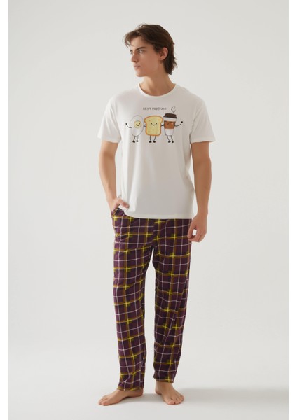 Erkek Kısa Kollu Pamuklu Ekose Desenli Breakfast Baskılı Pijama Takımı