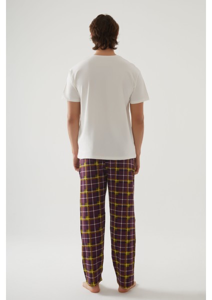 Erkek Kısa Kollu Pamuklu Ekose Desenli Breakfast Baskılı Pijama Takımı