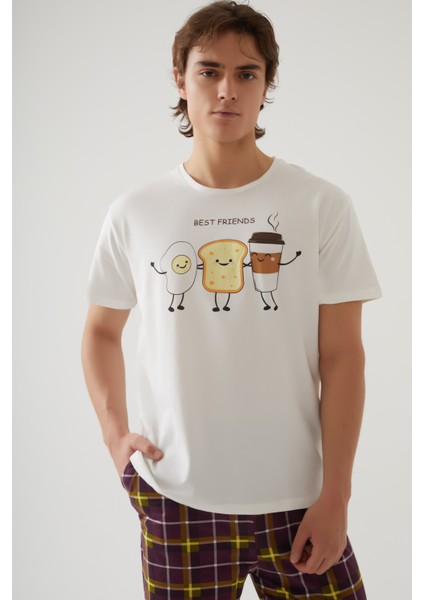 Erkek Kısa Kollu Pamuklu Ekose Desenli Breakfast Baskılı Pijama Takımı