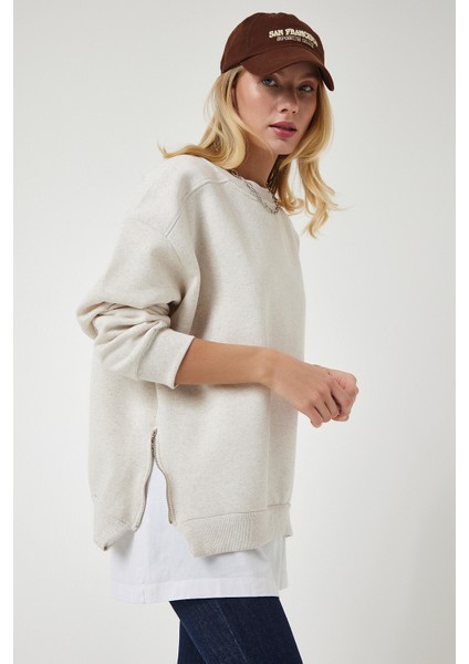 Fermuar Detaylı Şardonlu Sweatshirt LUB0003 Bej