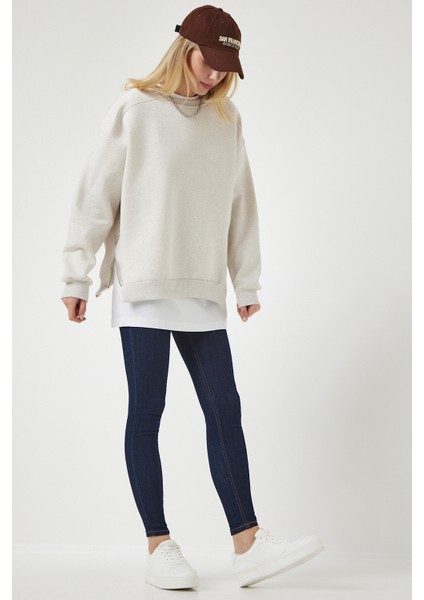 Fermuar Detaylı Şardonlu Sweatshirt LUB0003 Bej modelleri