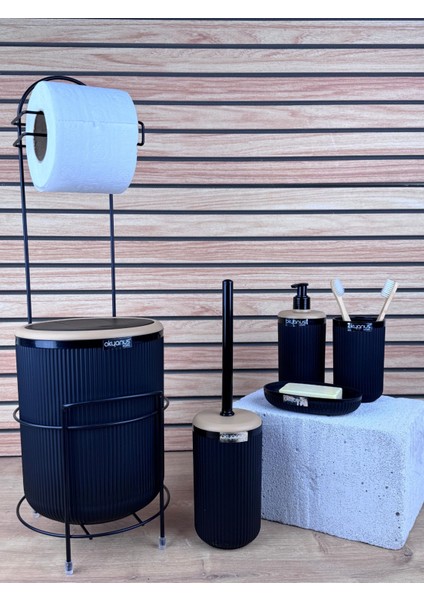 Siyah Yuvarlak Linea Due Standlı Wc Kağıtlık ve 6 Parça Banyo Seti