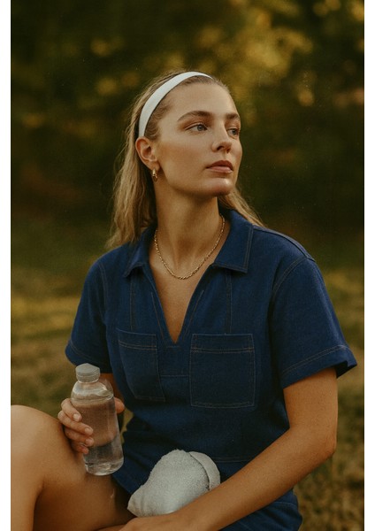 Kadın Rahat Kalıp Cepli Lacivert Jean Gömlek