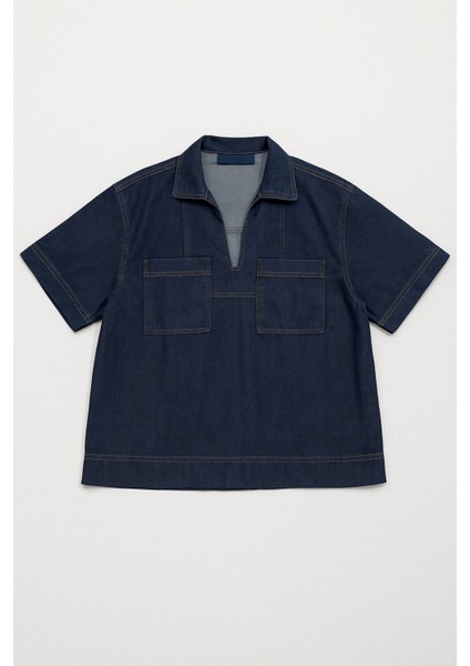 Kadın Rahat Kalıp Cepli Lacivert Jean Gömlek