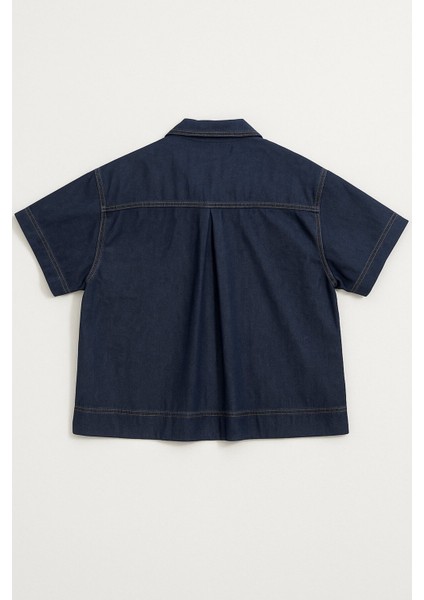 Kadın Rahat Kalıp Cepli Lacivert Jean Gömlek