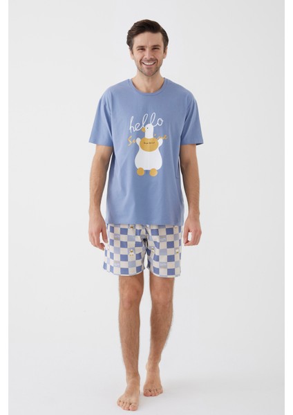 Erkek Kısa Kollu Pamuklu Ekose Desenli Ördek Baskılı Şortlu Pijama Takımı