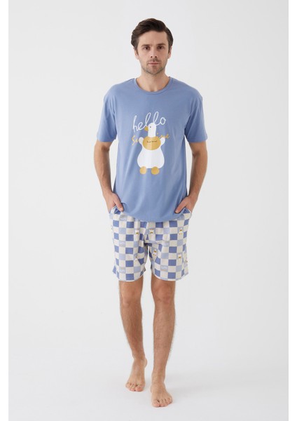 Erkek Kısa Kollu Pamuklu Ekose Desenli Ördek Baskılı Şortlu Pijama Takımı