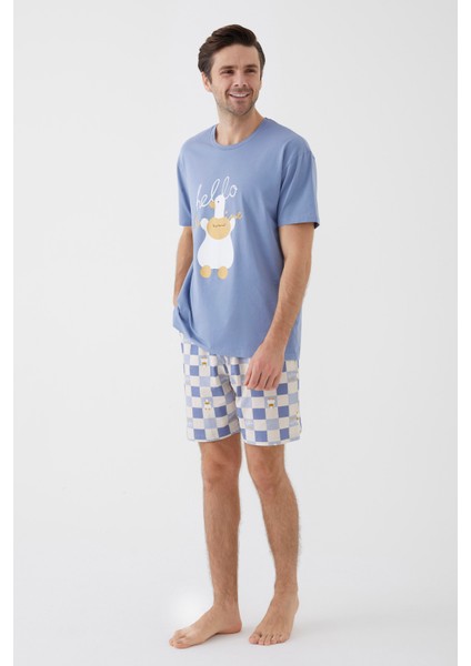 Erkek Kısa Kollu Pamuklu Ekose Desenli Ördek Baskılı Şortlu Pijama Takımı