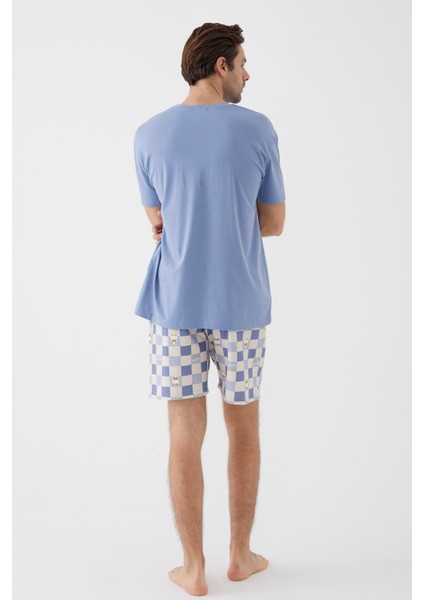 Erkek Kısa Kollu Pamuklu Ekose Desenli Ördek Baskılı Şortlu Pijama Takımı