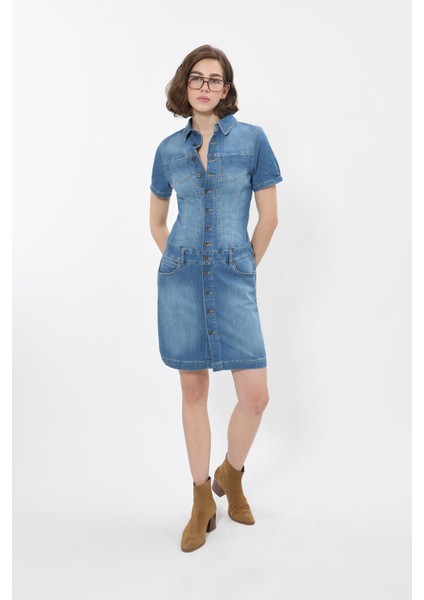 Kadın Boydan Düğmeli Jean Elbise