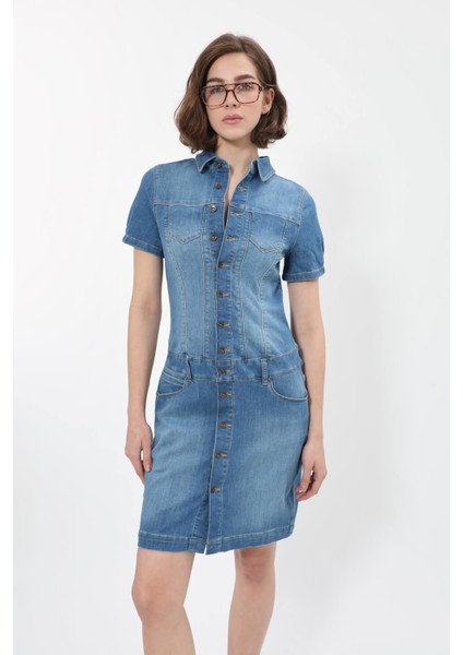 Kadın Boydan Düğmeli Jean Elbise