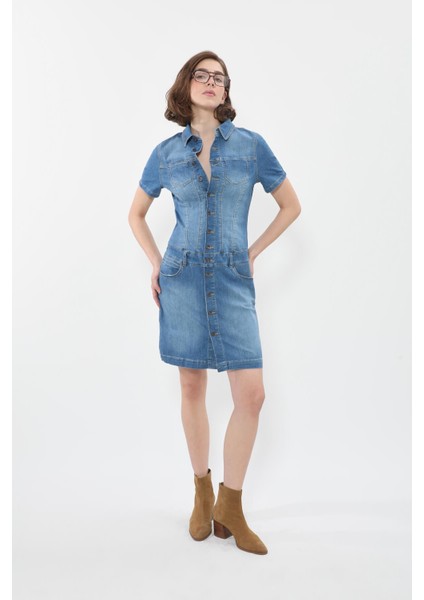 Kadın Boydan Düğmeli Jean Elbise